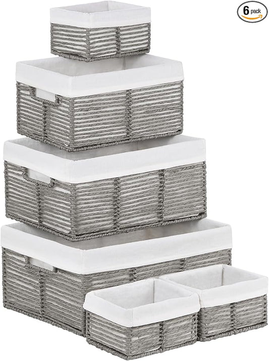 Vagusicc Wicker Storage Basket, 6 Pack Baskets for Organizing, Wicker Baskets with Handle, Rectangular Wicke Basket for Storage Shelves, Cube Storage Bins for Closet/Clothes/Dresser, Grey