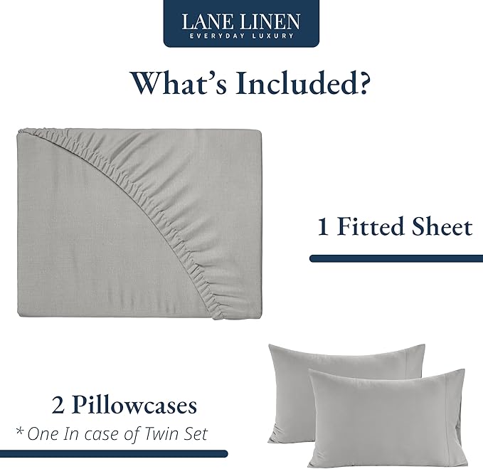 LANE LINEN 100% Organic Cotton Fitted Sheet Queen, Fully Elasticized Soft & Comfy Sustainably Produced Oeko-Tex Certified Snug Fit Deep Pocket 15" Fitted Sheet Only (+Pillowcases) -Silver
