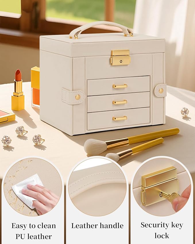 TORIBIO Jewelry Box for Women, Leather Jewelry Organizer with Mirror & Lock, 4-Tier Jewelry Storage Organizer with 3 Drawers for Girls/Women/Mothers, Necklace Earring Bracelets Holder Organizer