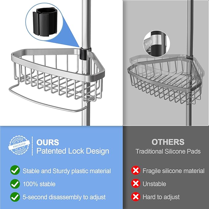 Corner Shower Caddy Tension Pole: Adjustable Rustproof 4-Tier Inside Bathroom Organizer - 47-121 inch Quick Installation Bathtub Shelves for Shampoo Storage - Rod Floor Standing Bath Rack