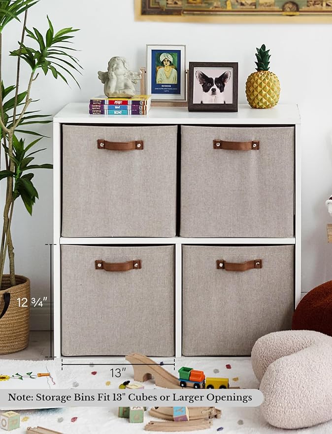 StorageWorks 13x13 Inches Storage Cube, Fabric Storage Bins with PU Handles, Collapsible Organizer Baskets for Closet, Brown and Beige, 6-Pack