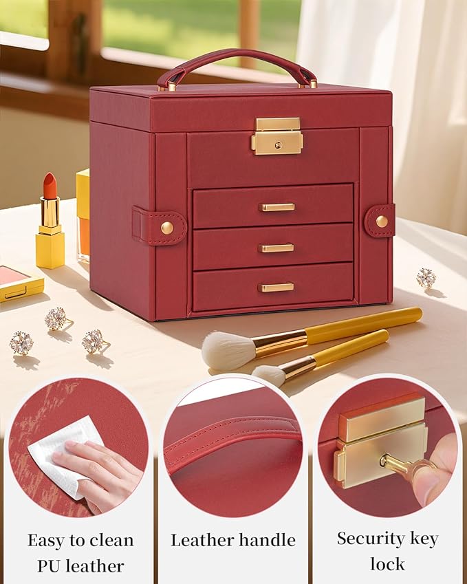 TORIBIO Jewelry Box for Women, Leather Jewelry Organizer with Mirror & Lock, 4-Tier Jewelry Storage Organizer with 3 Drawers for Girls/Women/Mothers, Necklace Earring Bracelets Holder Organizer