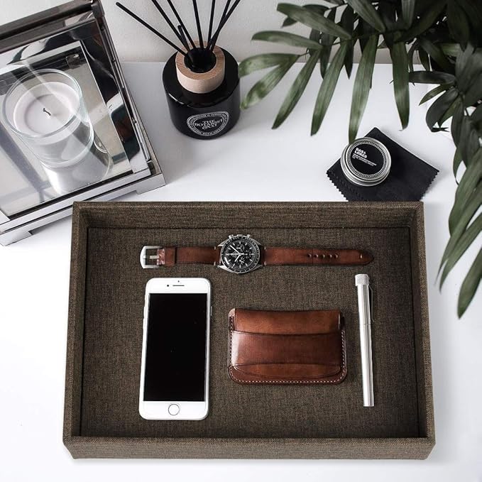 HofferRuffer Elegant Desktop Organizer Tray, Vanity Tray, Storage Jewelry Perfume Organizer, Dresse Catchall for Change Coin Key (Brown Black Faux Leather)