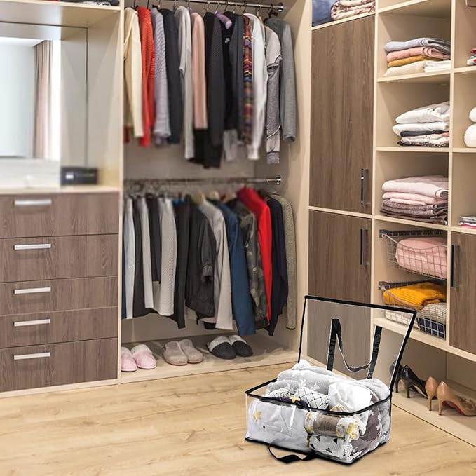 Fasmov 4 Pack Clear Clothes Storage Bag Organizer with Reinforced Handle, Closet Organizer Vinyl Bag for Bedding, Linen, Blankets, Duvet Covers, Comforters, Clothes & Toys