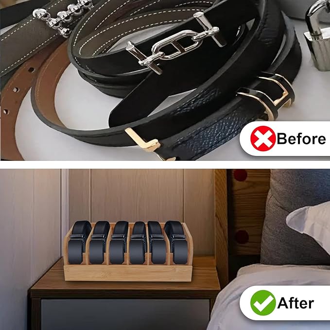GTI Belt Organizer, 2pcs 6 Compartments Belt Organizer for Closet and Drawer, Bamboo Display Case for Tie and Belt, Belt Holder Storage Organizer for Men Women (Wooden)
