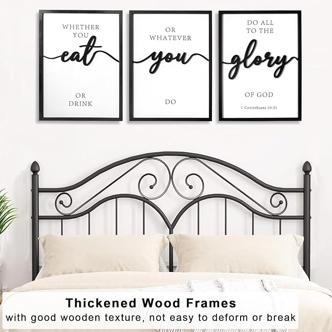 3D Wood Christian Dining Room Wall Art, Framed Bible Verse Wall Art, Jesus Wall Decor for Dining Room Kitchen Living Room Bedroom (Ready to Hang, 12x16 inches, Set of 3, Framed)