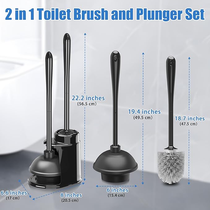 JEHONN Toilet Plunger and Brush Set Black with Holder and Hidden Tweezers, Heavy Duty Bathroom Bowl Scrubber Cleaning Kit for Bathtub Sink Wash Basin