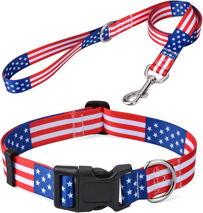 American Flag Dog Collar and Leash Set- Patriotic, US Flag Pattern, Star & Stripes, Fourth of July Dog Collar, Adjustable for Small Medium Large Dogs(Classic US Set,M)