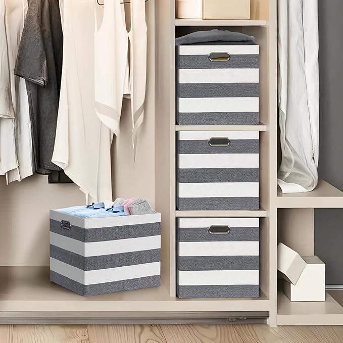 13x15x13 Storage Cube Bins, Foldable Storage Cubes, Fabric Organizer Basket Bin, Striped Containers Decorative Storage Boxes for Shelves Wardrobe Closet Home Office, 4 Pack, Black/White