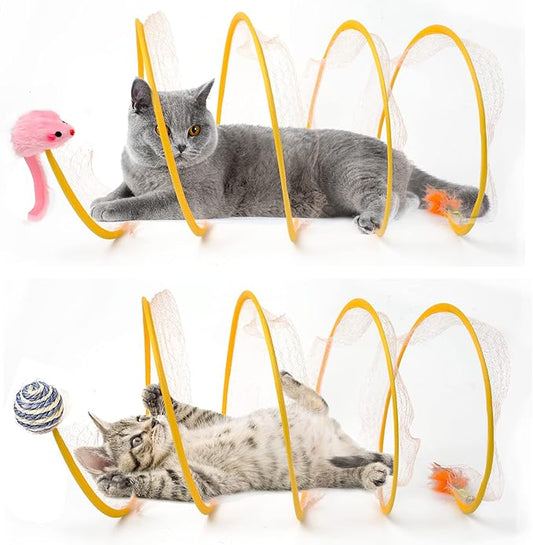 2-Pack Large Cat Tunnel Beds - Indoor & Outdoor,Kitten Collapsible Spring Tunnel Toy with Feather and Bell,Interactive Spring Toys for Cats & Kittens（Yellow）