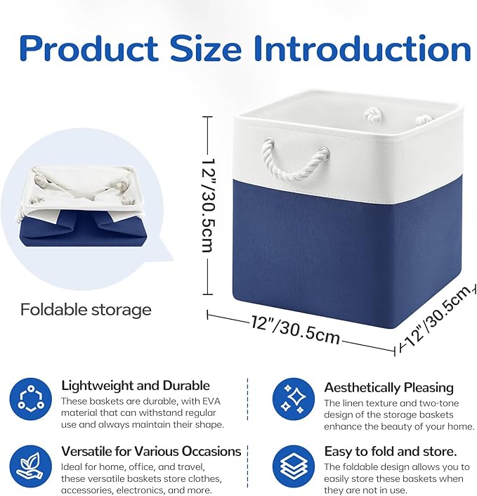 12 x 12 Inch Cube Storage Bins, 4 Pack Fabric Storage Basket with Handles, Foldable Boxes Organizer for Shelf Baskets for Home, Clothes, Toys (White/Blue)