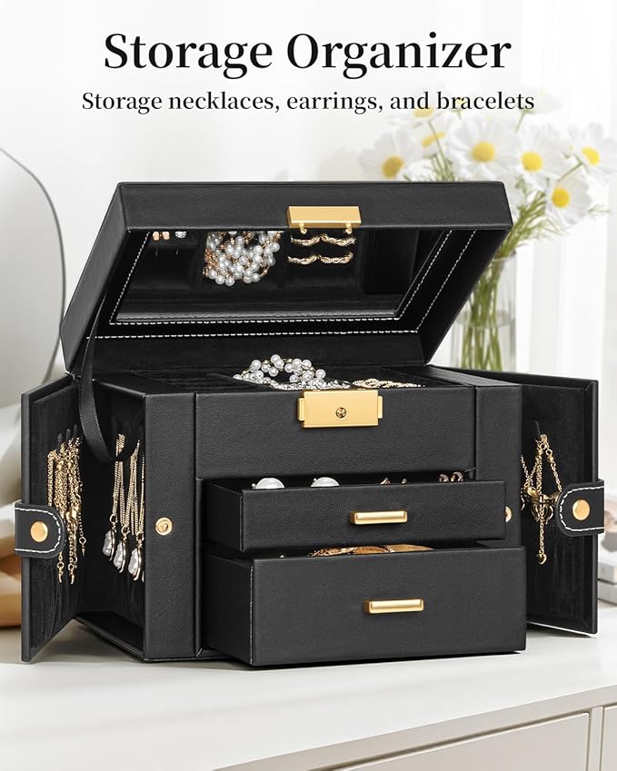 TORIBIO Jewelry Box for Women, Leather Jewelry Organizer with Mirror & Lock, 3-Tier Jewelry Storage Organizer with 2 Drawers for Girls/Women/Mothers, Necklace Earring Bracelets Holder Organizer
