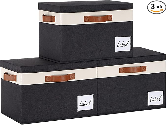 Large Storage Bins with Lids, Foldable Fabric Storage Baskets with Lids, Sturdy Storage Boxes with Labels and 3 PU Handles for Closet Home Bedroom Office (3 Packs, Black&White)