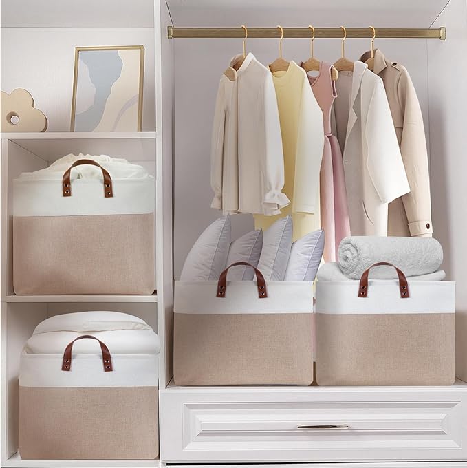 DULLEMELO Extra Large Baskets for Organizing, 22" X 15" X 13" Rectangle Fabric Storage Bins, Foldable Blanket Basket Living Room, Large Kids Toy Storage Organizer Bins, Baby Basket Gift (White&Khaki)