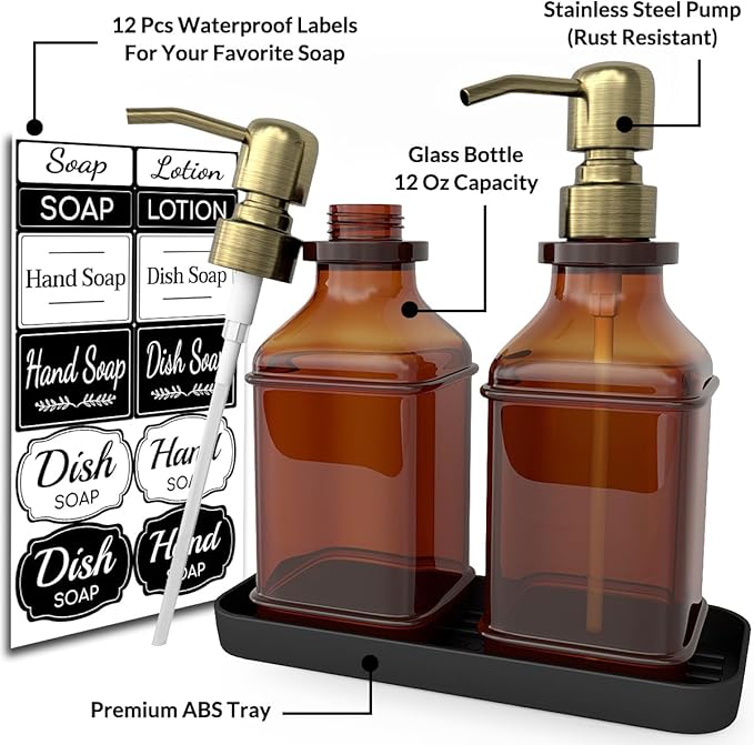 Soap Dispenser - 2 Pack, Antique Design Thick Amber Glass Hand Soap Dispensers with Sturdy Tray; 304 Rust Proof Stainless Steel Black Pump, 12Pcs Stickers, for Kitchen, Bathroom - Brushed Gold