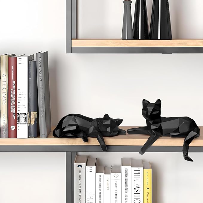 Bookshelf Decor Cat Statue, Modern Geometric Cat Figurines for Living Room Office Shelves Coffee Table Desk Decor – Set of 2 Minimalist Animal Statues (Black)