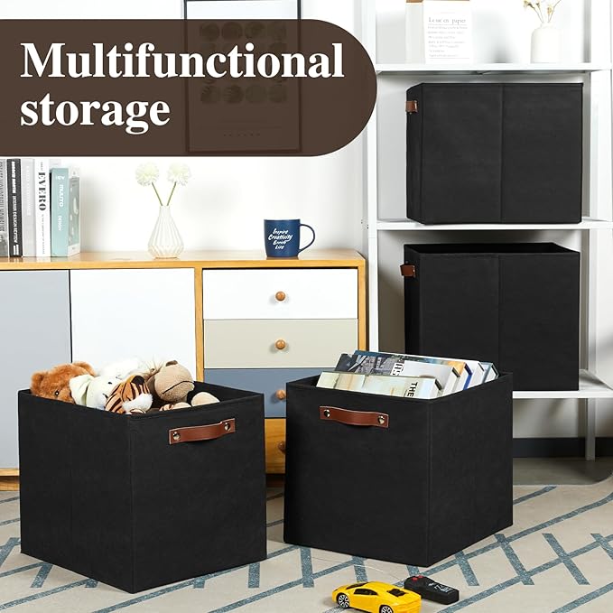 Temary Cube Storage Bins 4Pack Foldable Storage Baskets for Clothes Shelf Basket with Handles, Fabric Storage Boxes Organizer Bins for Home (Black, 13x15x13 Inch)