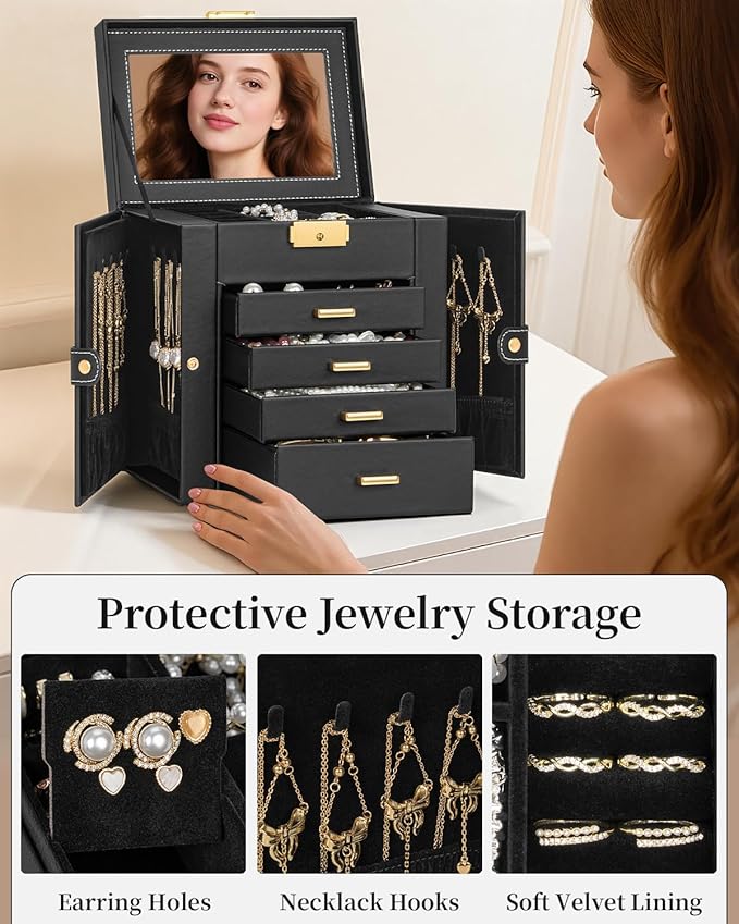 TORIBIO Jewelry Box for Women, Leather Jewelry Organizer with Mirror & Lock, 5-Tier Jewelry Storage Organizer with 4 Drawers for Girls/Women/Mothers, Necklace Earring Bracelets Holder Organizer
