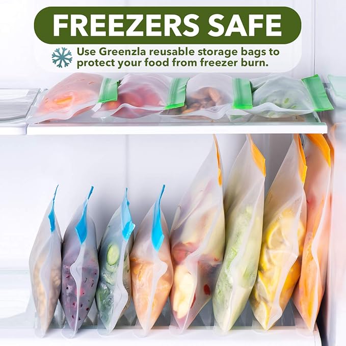 Greenzla Reusable Food Storage Bags - 12 Pack BPA-Free, Extra Thick, Leakproof Freezer & Lunch Carriers; 4 Gallon, Sandwich & Snack Options - Reusable Lunch Bags