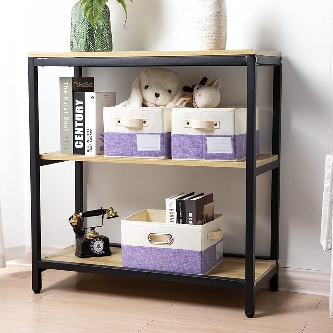 PRANDOM Fodable Storage Bins for Closet [3-pack] Decorative Fabric Storage Baskets Cubes with Leather/Metal Handles for Shelves Bedroom Living Room Purple&Cream (11.5x8.5x6.7 Inch)