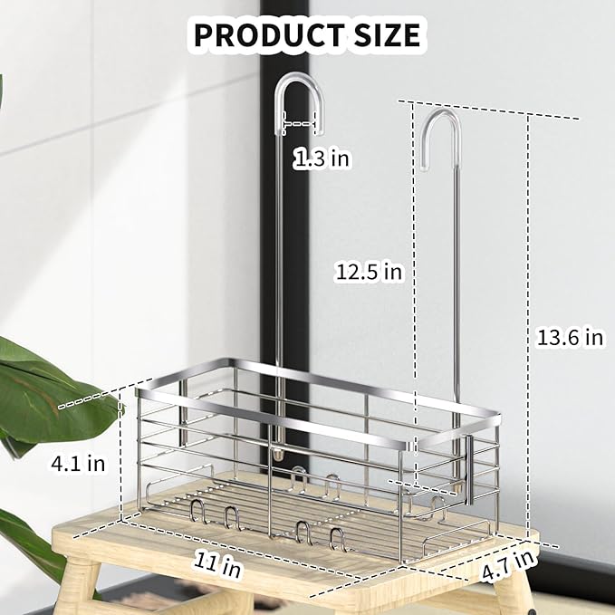 SHANSHUI Shower Hanging Caddy, Bathroom Shower Organizer Basket, Shampoo Bracket, Over Door Showers Rack with Hooks, 304 Stainless Steel Rustproof