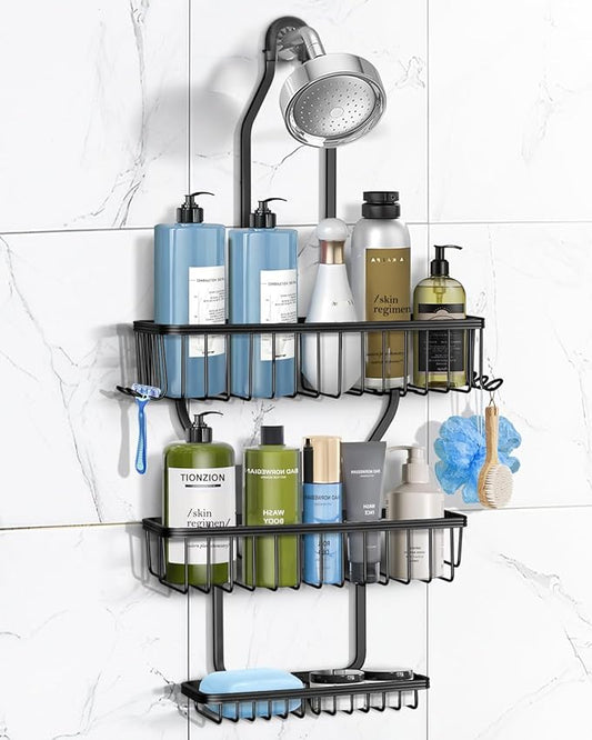 Shower Caddy Hanging - Never Rust Shower Hanging Organizer - Aluminum Over the ShowerHead Caddy with Soap Basket and 6 Hooks for Razor/Sponge (Black)