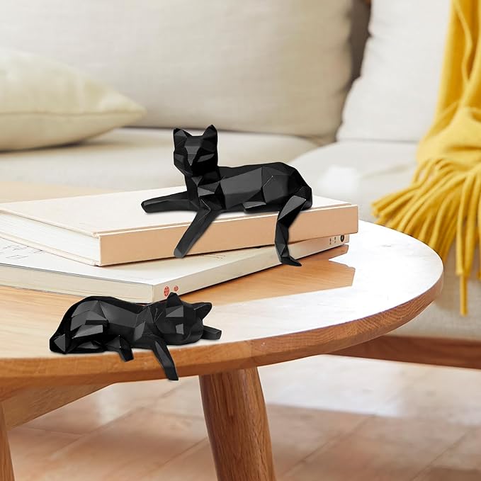 Bookshelf Decor Cat Statue, Modern Geometric Cat Figurines for Living Room Office Shelves Coffee Table Desk Decor – Set of 2 Minimalist Animal Statues (Black)
