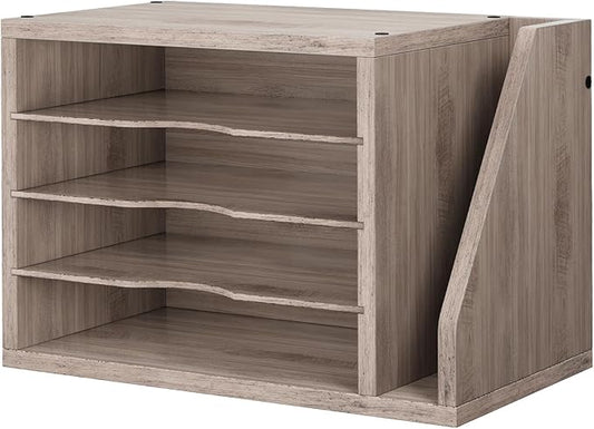 File Organizer Desktop, Wood Desk Organizer with 3 Adjustable Shelves, Mail Paper Sorter for Office, Home, File Holders for Envelopes, Mail Supplies or Magazines, Greige