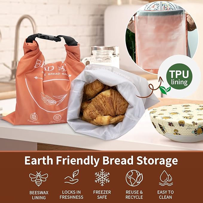 Bread Bags for Homemade with Beeswax Wrap - Zipper Reusable Bread Bag for Sourdough 2-Pack, Reusable Food Storage Bag to Keep Sourdough Fresh, Freezer-Safe, Eco-Friendly (Orange&Grey)