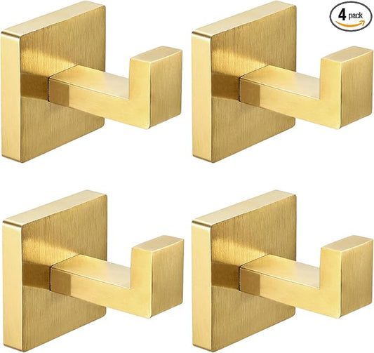 IBosins 4 Pack Towel Hooks Hand Towel Holder for Bathroom Wall Livingroom Bedroom Kitchen Closet Heavy Duty Stainless Steel Hook Hanger for Robe, Bath Towel, Coat (Square Brushed Gold)