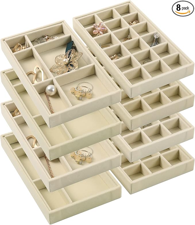 DIOMMELL Set of 8 Stackable Velvet Jewelry Trays Organizer, Jewelry Storage Box Display Trays Showcase Holder Closet Dresser Drawer Organizer for Earring Necklace Bracelet Ring Accessary, Beige