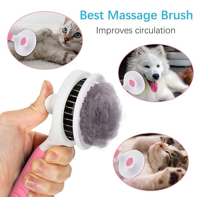 Cat Grooming Brush, Pets Skin Friendly Self Cleaning Slicker Brushes for Shedding Massage Dogs Cats Hair Gentle Remove Loose Undercoat with Long or Short Hairs for All Fur Type- UPGRADED (Pink)