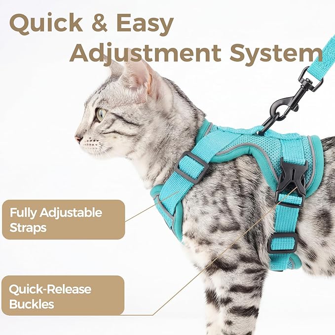Cat Harness and Leash Set Escape Proof Tactical Large Kitten Harness Emotional Support Cat Vest, Turquoise, L
