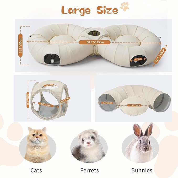 Pawaboo 2-in-1 Cat Tunnel Bed for Indoor Cats, 8-Shaped Large Cat Tunnels with Plush Cushions, Foldable Cats Cave Hideout Kitty Toys with Fluffy Balls, Donut Tunnel for Kitten Rabbit Ferret,Beige