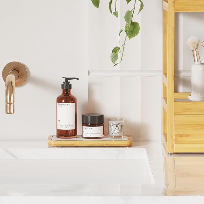 Water Absorbing Stone Tray for Sink, Fast Drying Diatomite Stone with Bamboo Sink Tray, Stone Drying Mat for Bathroom and Kitchen Counter, Bathroom Countertop Tray