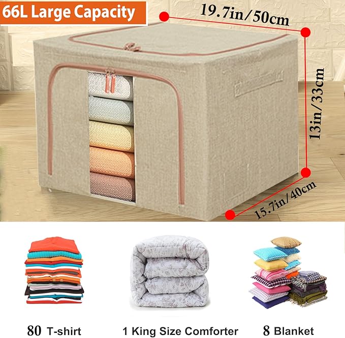 Large Storage Bags,Stackable Clothes Storage Bins with Hold Shape Metal Frame,Foldable Closet Organizer Containers with Zipper,Clear Window,Thick Fabric for Seasonal Clothing,Bedding (3 Pack, 66L)
