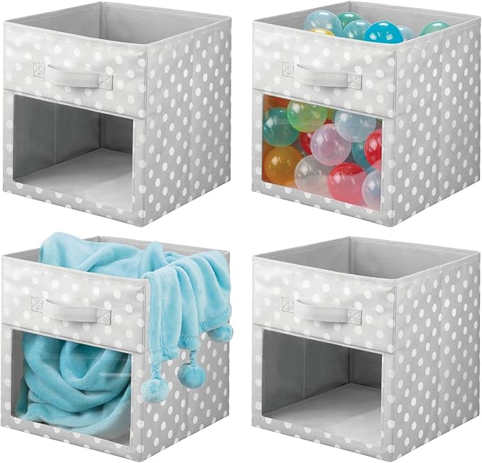 mDesign Fabric Nursery/Playroom Closet Storage Organizer Bin Box, Front Handle/Window for Cube Furniture Shelving Unit, Hold Toys, Clothes, Diapers, Bibs, 4 Pack, Gray/White Polka Dot