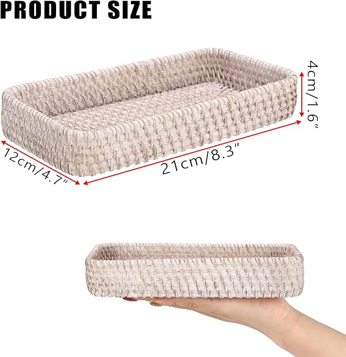 Hipiwe Rattan Key Tray Handwoven Wicker Baskets for Entryway Table Vanity Decorative Serving Tray for Candy Rectangular Fruit Basket, Whitewash