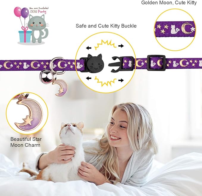 2PCS Breakaway Cat Collars with Bell Cute Kitty Glow in The Dark Adjustable Kitten Collars 7.9-13.0 Inch(Purple&Pink)