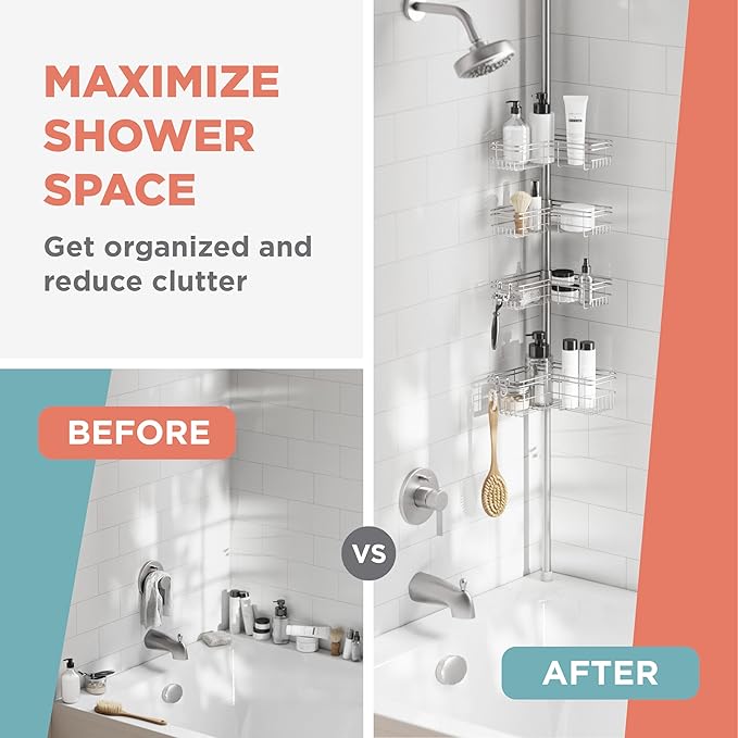 Zenna Home Tension Pole Shower Caddy Corner Organizer, Adjustable Standing Shower Caddy with 4 L-shaped Baskets and Hooks, Rust Resistant Bathroom Tension Rod Organizer, 60 to 97 Inch, Satin Nickel