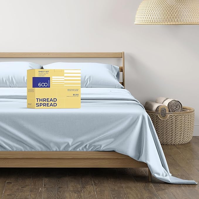 THREAD SPREAD 100% Egyptian Cotton Sheets Sets Full Size - 600 Thread Count Sheets 4 PC 16" Deep Pocket Full Size Sheets Set, High Thread Count Soft Cooling Sateen Hotel Luxury Sheets Set - Light Blue