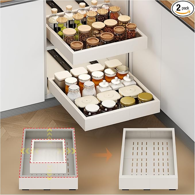 2Pc Pull out Cabinet Organizer,Width (11"-16"),Depth(17"-24") Expandable with 3 Rails,No Drill Roll out Drawers,Adhesive Sliding Drawers,Slide out Shelves for Cabinets Without Lip,Kitchen,Pantry,White