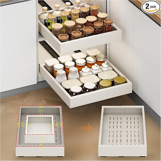 2Pc Pull out Cabinet Organizer,Width (11"-16"),Depth(17"-24") Expandable with 3 Rails,No Drill Roll out Drawers,Adhesive Sliding Drawers,Slide out Shelves for Cabinets Without Lip,Kitchen,Pantry,White