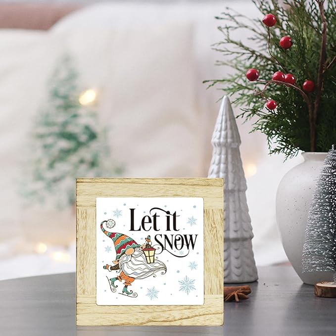 Let It Snow Decor Winter Table Decor for Home Winter Snowman Decorations Christmas Holiday Decorations for Desk 6 x 6 inches