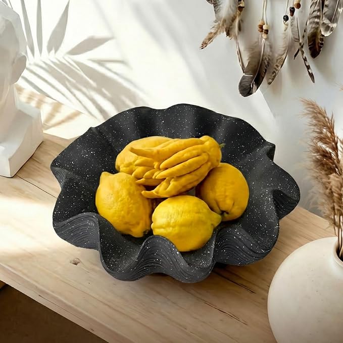 Large Decorative Bowl Home Decor - 12.6" Modern Resin Scalloped Ruffle Decorative Fruit Bowl for Kitchen Counter, Chic Key Tray for Entryway Table, Starry Black