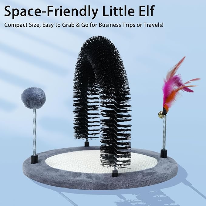 Interactive Toy with Scratching Pads for Indoor Cats,Interactive Cat Toy with Feather Toys and Self-Grooming Brush,Interactive Cat Toy for Indoor Cats,Grey (Round)