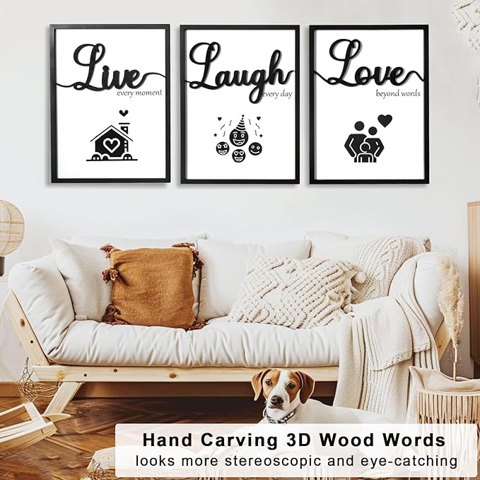 3D Wood Living Room Wall Decor, Live Laugh Love Wall Decor, Framed Love Wall Art for Living Room Bedroom Home(Ready to Hang, 12x16 Inch, Set of 3, Framed)