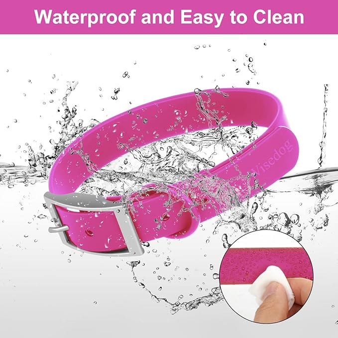 Wisedog Waterproof Dog Collar: Multiple Adjust 7" to 23.6", Soft Rubber Coated Webbing, Easy to Clean, for Small Medium Large Dogs (L|15"-19" × 1 in, Rose Violet)