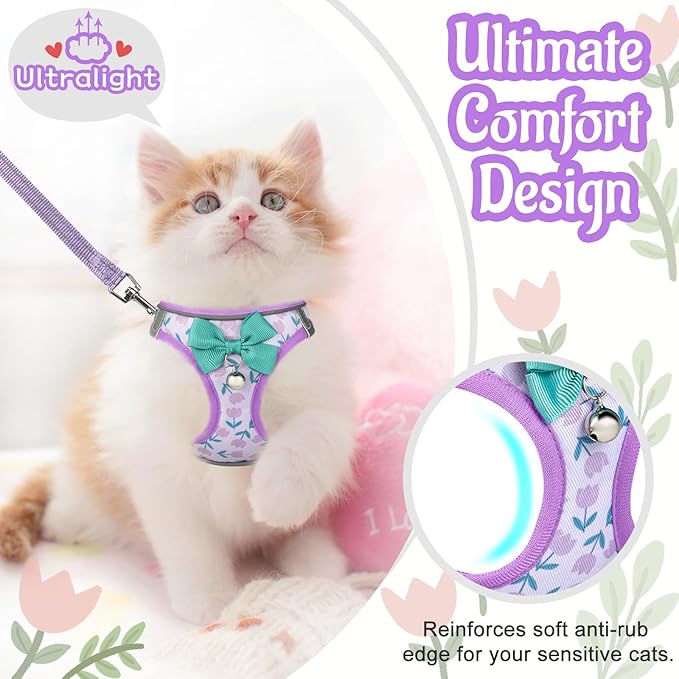 Cat Harness and Leash Escape Proof for Walking, Adjustable Soft Kitten Harness with Reflective Straps Step in Cat Vest Harness for Small Kitten and XS Dogs (Purple, L-Chest(15.7"-17.7"))