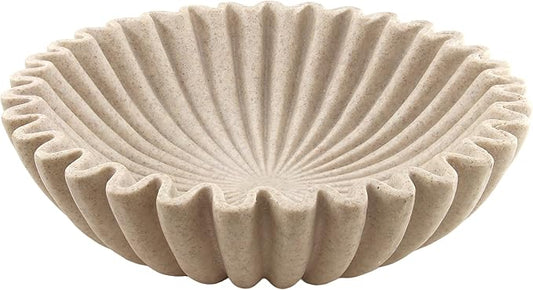 Large Modern Decorative Ruffle Bowl for Home Decor Fruit Bowl Organic Catch All Key Kitchen Entryway Shelf Coffee Table,Artificial Stone Beige